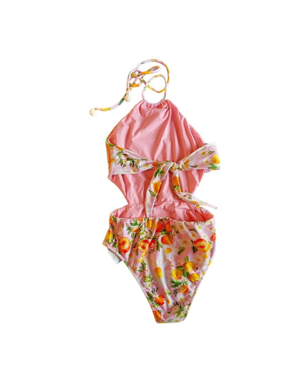 Farm Rio Pink Citrus Daisy Floral Cutout Halter One Piece Swimsuit Women’s M - Picture 2 of 7